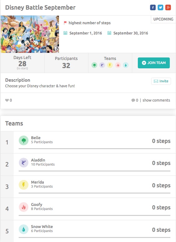 Disney September Fitness Challenge on inKin Social Fitness Platform