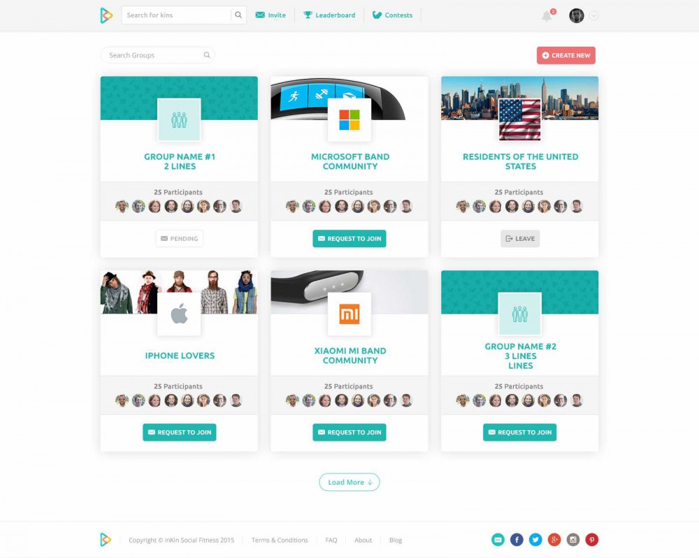 Groups listing on inKin Social Fitness Platform