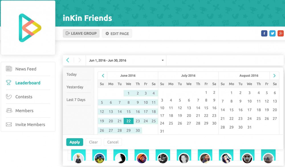 Group Leaderboard Month June on inKin Social Fitness Platform