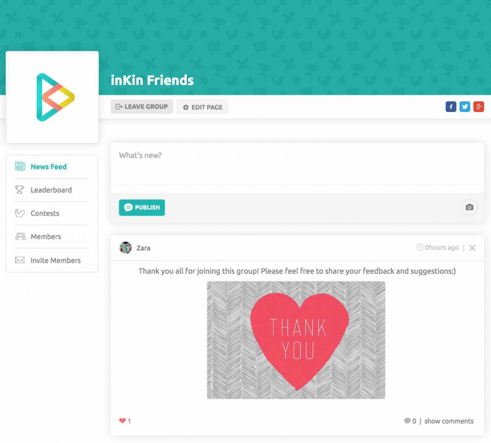 Group Newsfeed on inKin Social Fitness Platform