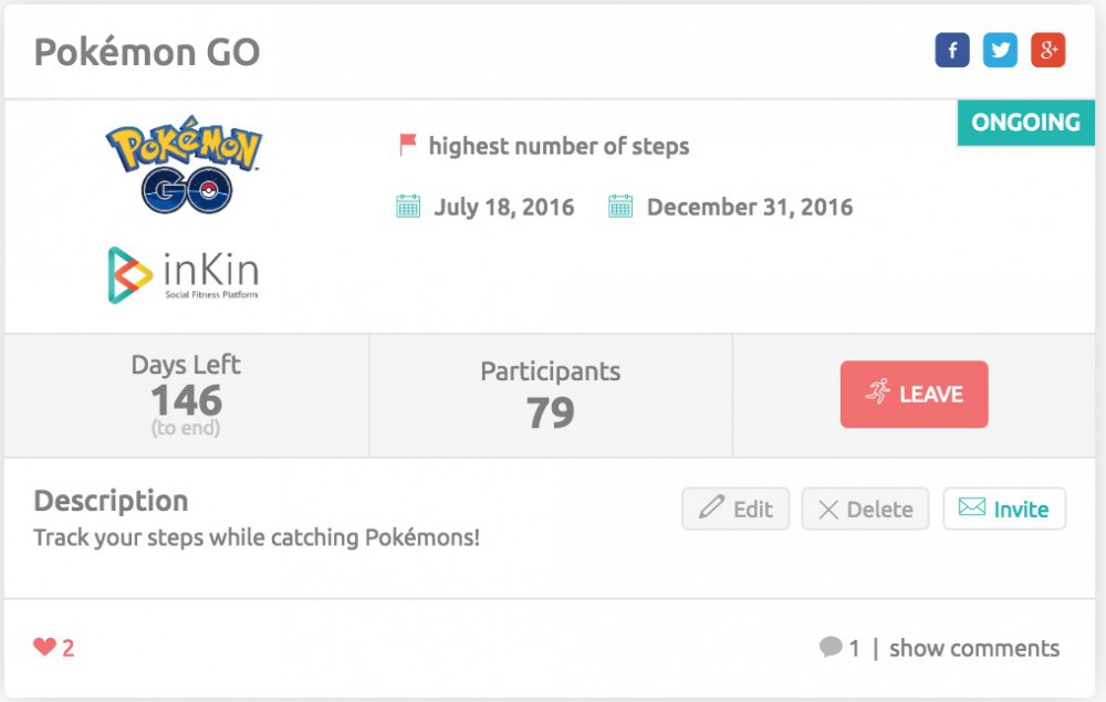 Pokemon Go Fitness Competition on inKin Social Fitness Platform