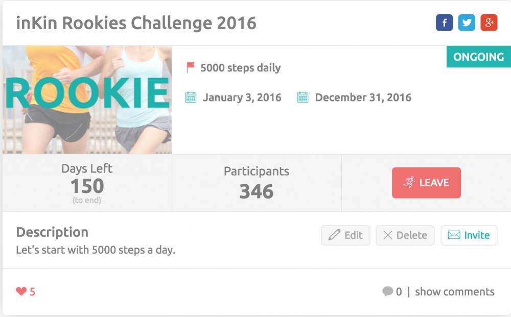 Rookie fitness challenge on inKin Social Fitness Platform